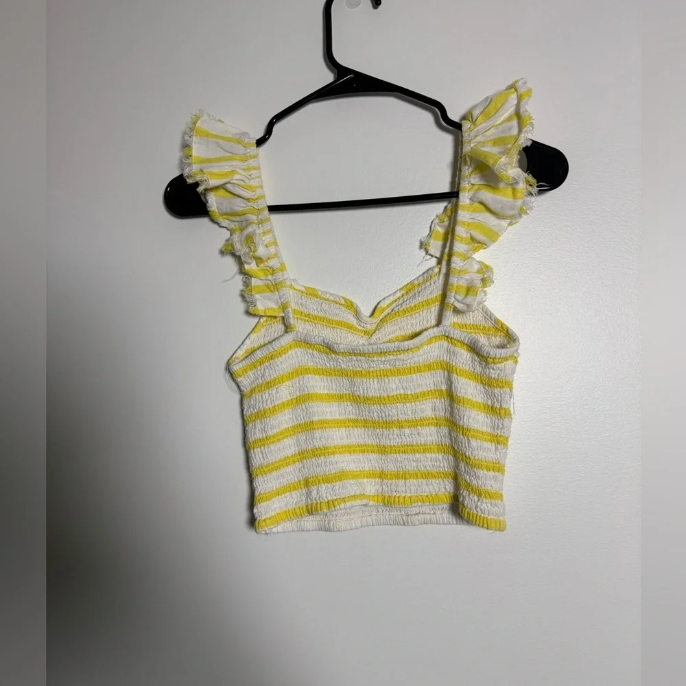 Free People XS Yellow Stripe Smocked Crop Top Ruffle Straps